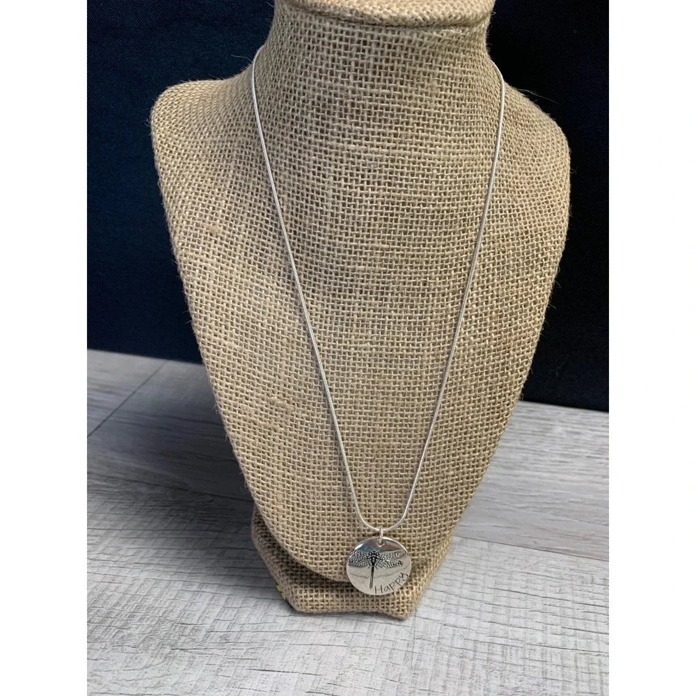 Dragonfly Happy Disc Pendant Necklace Silver Tone Snake Chain 20 Inch Adjustable